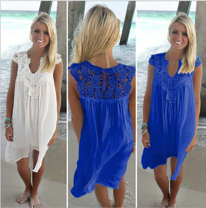dress with cutout Hook flower Beach dress sexy lace patchwork dress Chiffon dress with cutout hook flower Beach dress