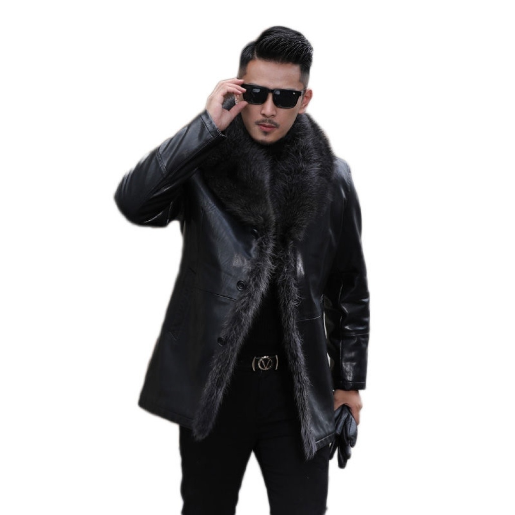 Winter Leather Coat Men's Genuine Leather Haining Middle-Aged and Young Men's Sheepskin Big Fur Collar Leather Coat Fleece-Lined Thickened Winter Leather Coat Men's Genuine Leather Haining Middle-Aged and Young Men's Sheepskin Big Fur Collar Leather Coat Fleece-Lined Thickened