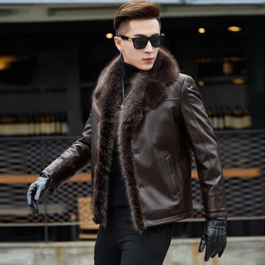 Winter Leather Coat Men's Genuine Leather Haining Middle-Aged and Young Men's Sheepskin Big Fur Collar Leather Coat Fleece-Lined Thickened Winter Leather Coat Men's Genuine Leather Haining Middle-Aged and Young Men's Sheepskin Big Fur Collar Leather Coat Fleece-Lined Thickened