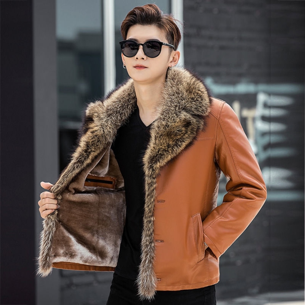 Winter Leather Coat Men's Genuine Leather Haining Middle-Aged and Young Men's Sheepskin Big Fur Collar Leather Coat Fleece-Lined Thickened Winter Leather Coat Men's Genuine Leather Haining Middle-Aged and Young Men's Sheepskin Big Fur Collar Leather Coat Fleece-Lined Thickened