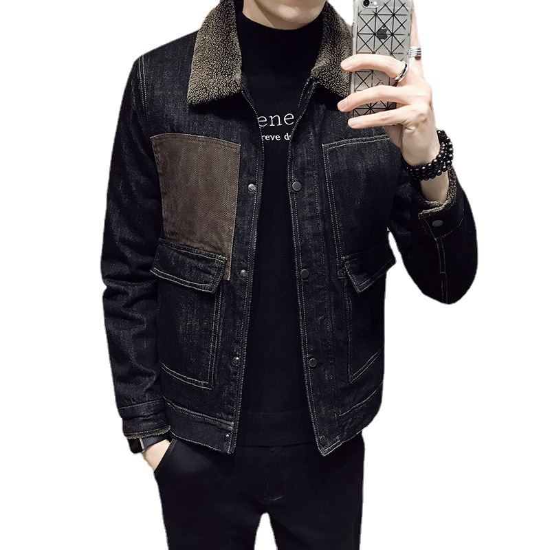 Men&#039;s Fleece-Lined Denim Cotton Coat Jacket Autumn and Winter Korean Style Trendy Lamb Fur Collar Warm Denim Wear Men&#039;s Thick Jacket