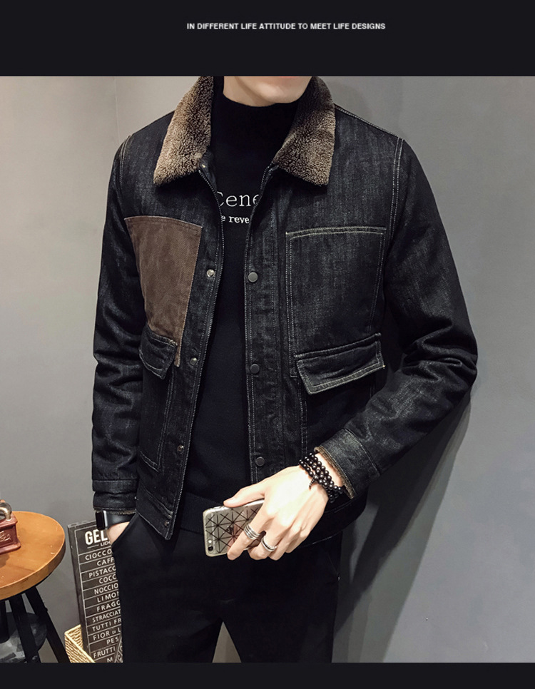 Men's Fleece-Lined Denim Cotton Coat Jacket Autumn and Winter Korean Style Trendy Lamb Fur Collar Warm Denim Wear Men's Thick Jacket