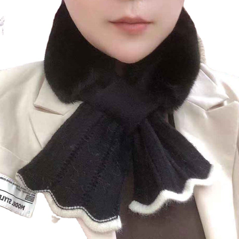 New Winter Japanese and Korean Sweet Scarf Velvet Knitted Lace Stitching Thickening Warm Neck Protection Fur Collar Small Scarf