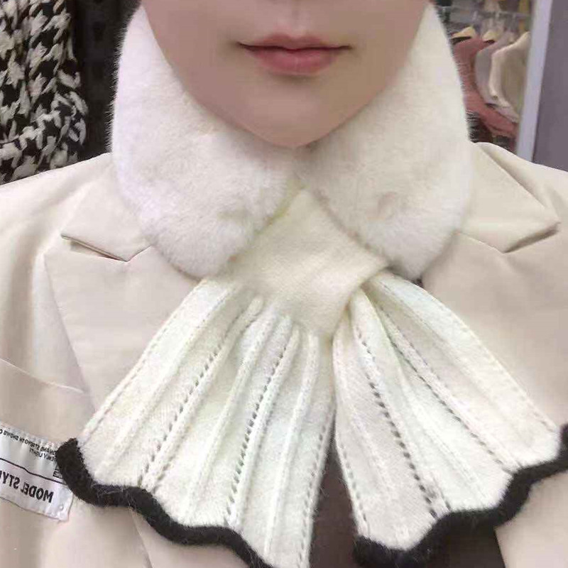 New Winter Japanese and Korean Sweet Scarf Velvet Knitted Lace Stitching Thickening Warm Neck Protection Fur Collar Small Scarf
