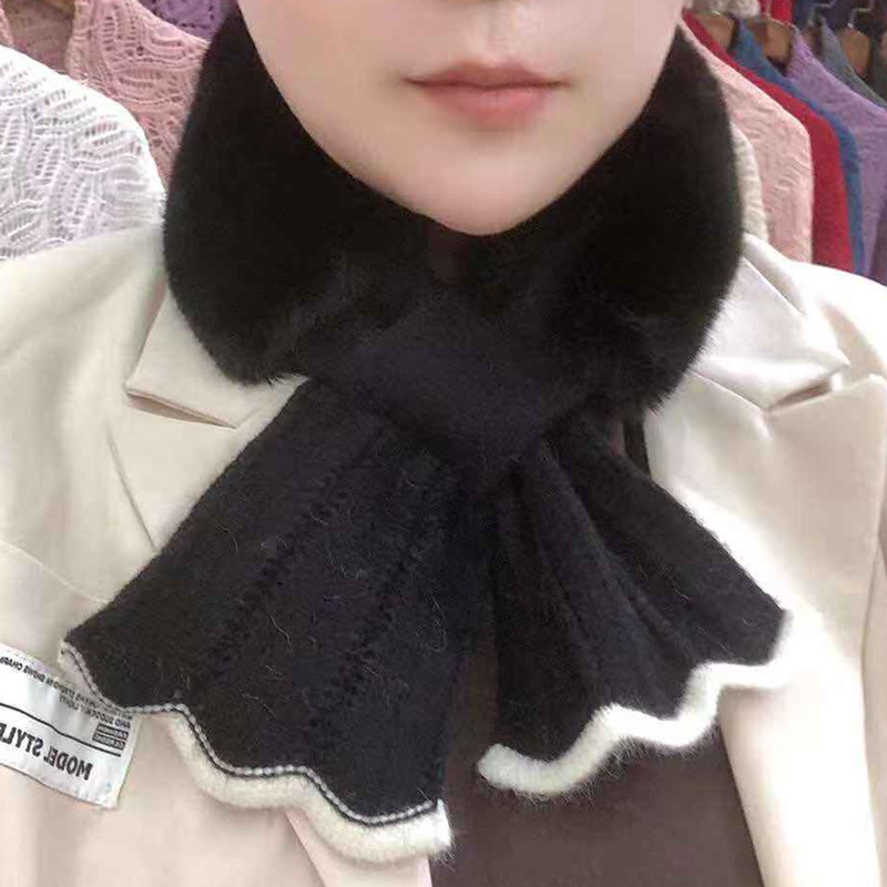 New Winter Japanese and Korean Sweet Scarf Velvet Knitted Lace Stitching Thickening Warm Neck Protection Fur Collar Small Scarf