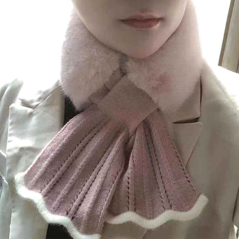 New Winter Japanese and Korean Sweet Scarf Velvet Knitted Lace Stitching Thickening Warm Neck Protection Fur Collar Small Scarf