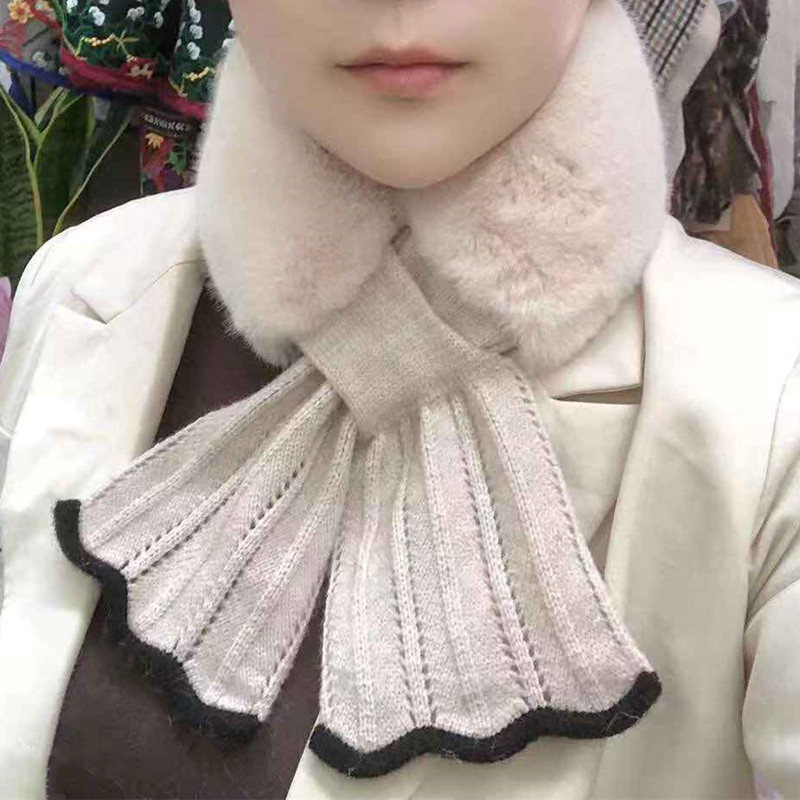 New Winter Japanese and Korean Sweet Scarf Velvet Knitted Lace Stitching Thickening Warm Neck Protection Fur Collar Small Scarf