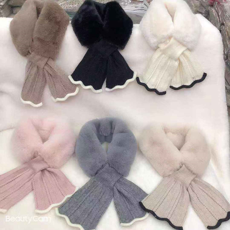 New Winter Japanese and Korean Sweet Scarf Velvet Knitted Lace Stitching Thickening Warm Neck Protection Fur Collar Small Scarf