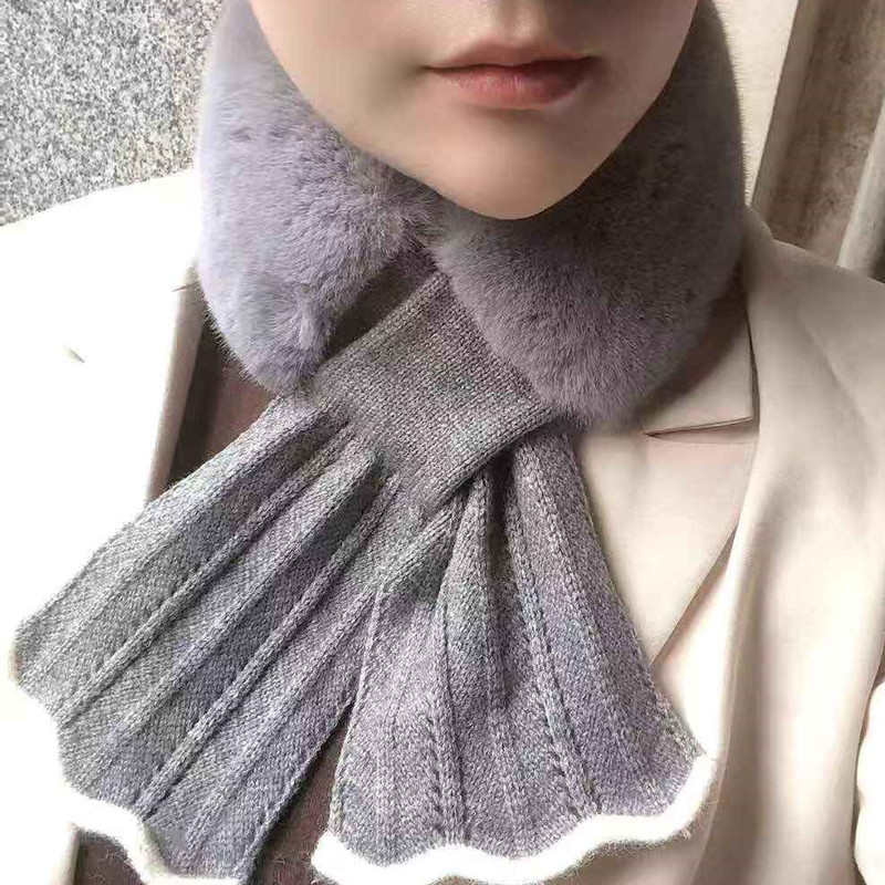 New Winter Japanese and Korean Sweet Scarf Velvet Knitted Lace Stitching Thickening Warm Neck Protection Fur Collar Small Scarf