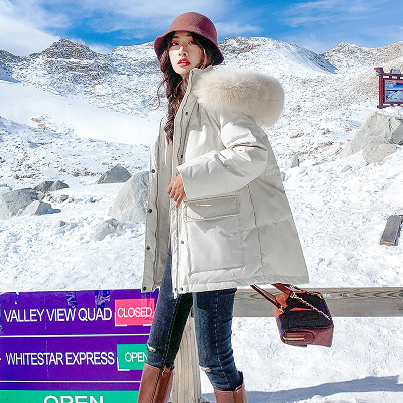 Down Jacket Women&#039;s 202 New Short Winter Korean Style Pinghu Wholesale White Duck down Thick Fur Collar Parker Waist