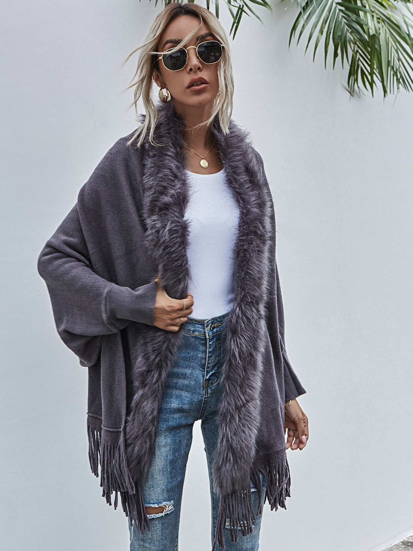 European and American Foreign Trade Sweater Women 2021 Amazon Independent Station Autumn and Winter New Fur Collar Shawl Cardigan Sweater Coat