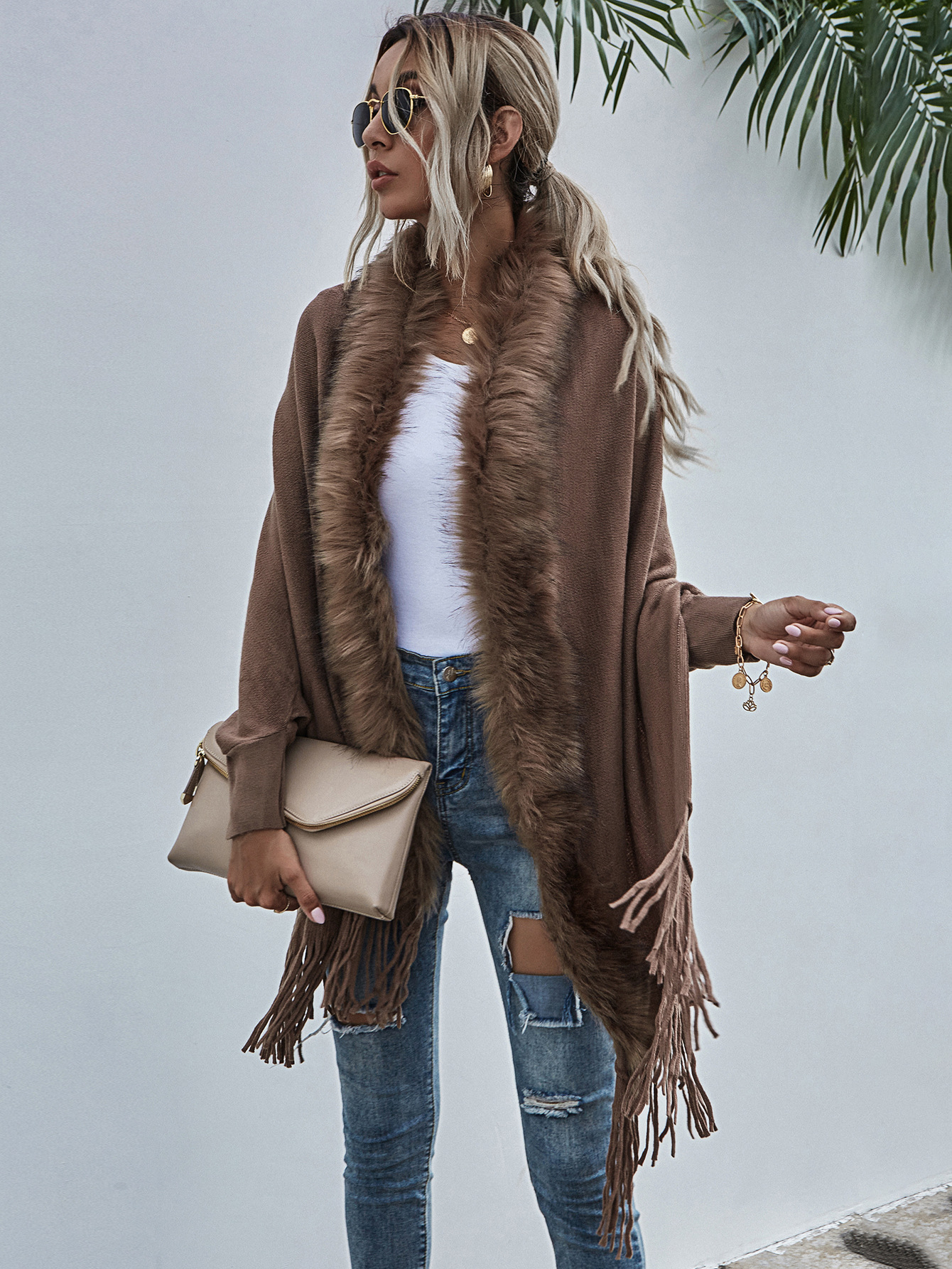 European and American Foreign Trade Sweater Women 2021 Amazon Independent Station Autumn and Winter New Fur Collar Shawl Cardigan Sweater Coat