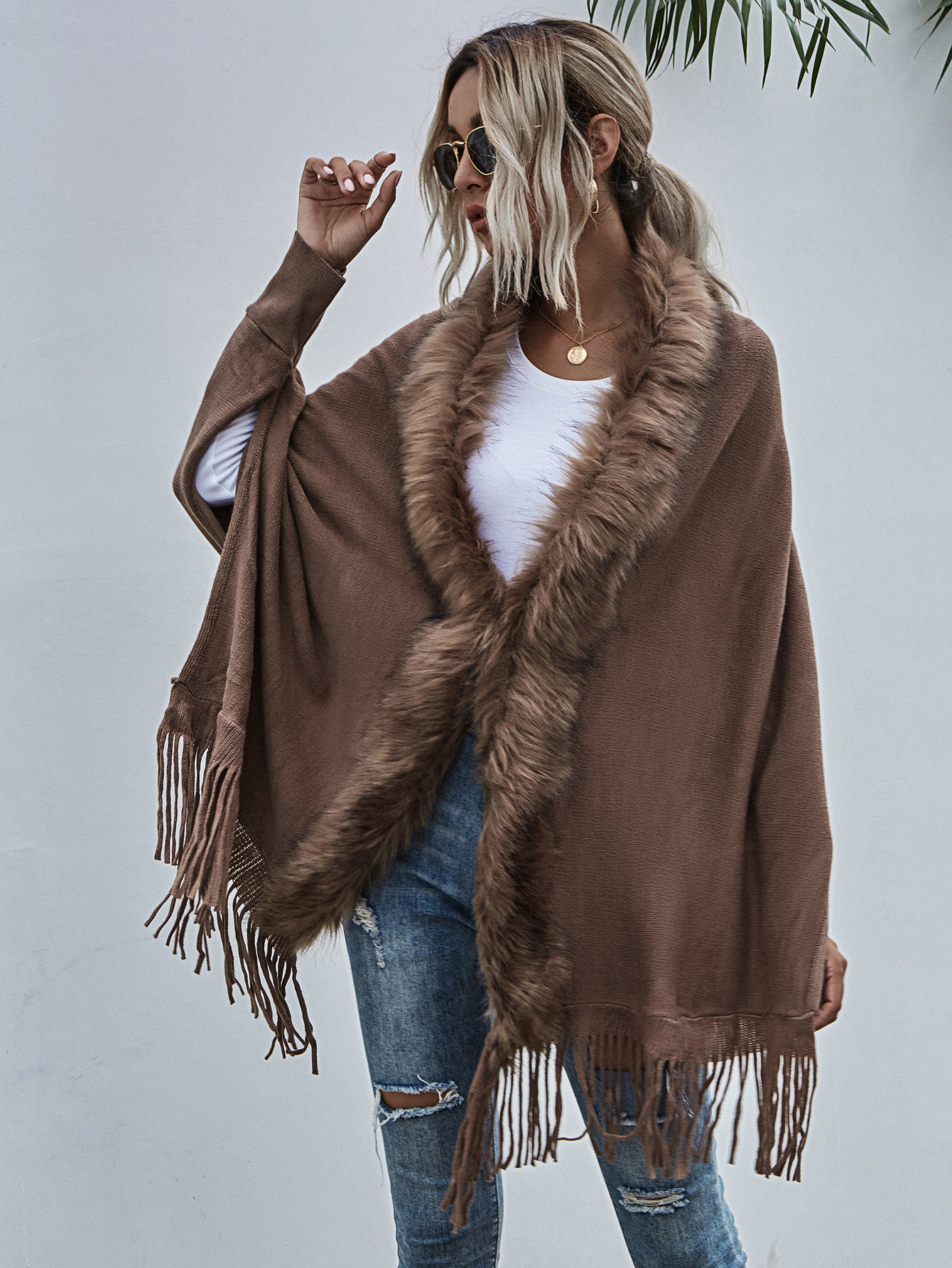 European and American Foreign Trade Sweater Women 2021 Amazon Independent Station Autumn and Winter New Fur Collar Shawl Cardigan Sweater Coat
