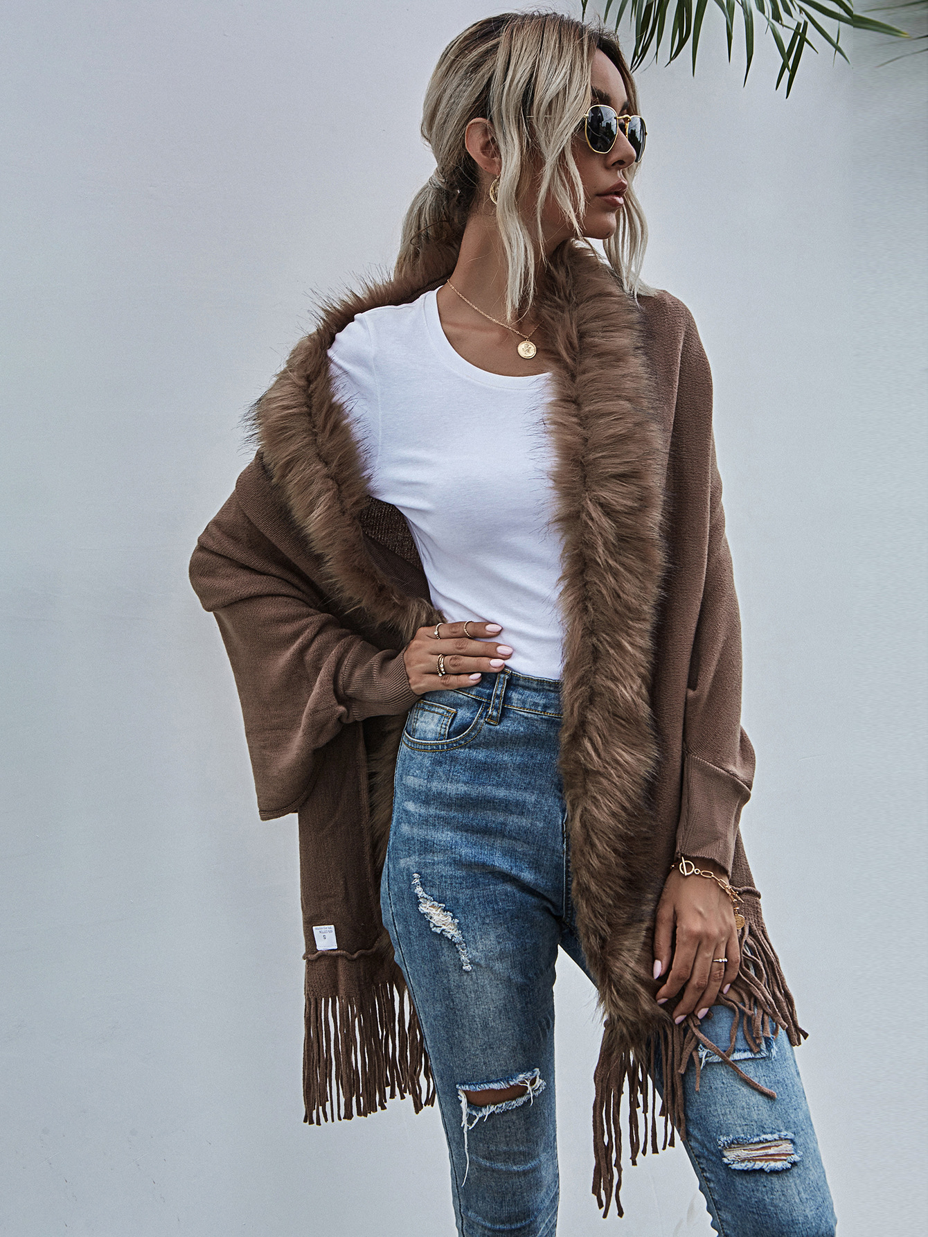 European and American Foreign Trade Sweater Women 2021 Amazon Independent Station Autumn and Winter New Fur Collar Shawl Cardigan Sweater Coat