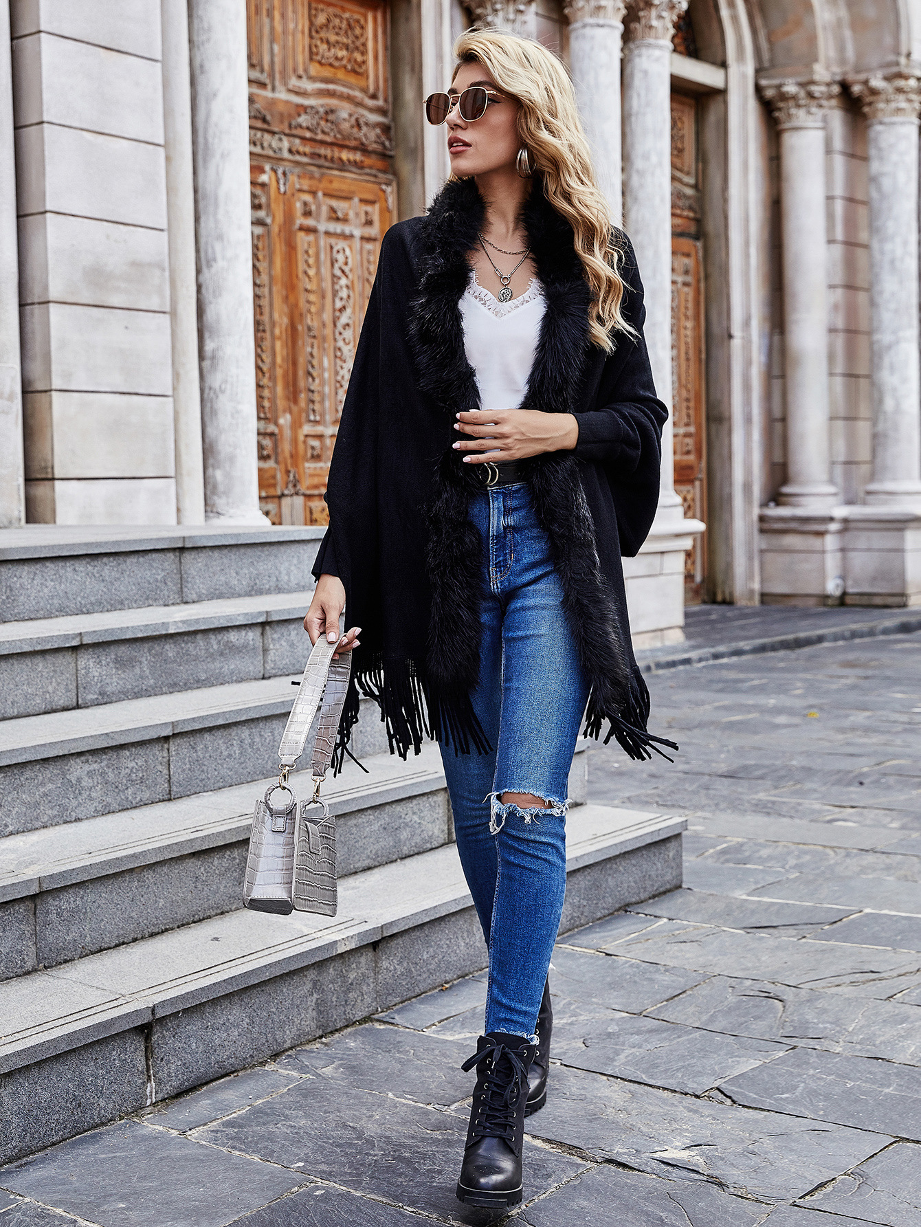 European and American Foreign Trade Sweater Women 2021 Amazon Independent Station Autumn and Winter New Fur Collar Shawl Cardigan Sweater Coat