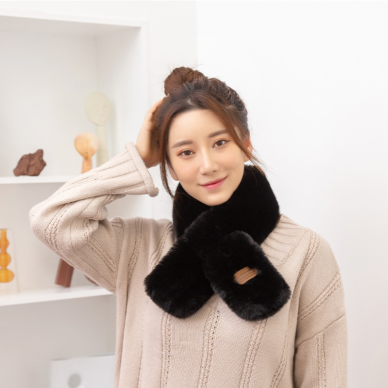 New Korean Style Fur Collar Labeling Cross Imitate Rex Rabbit Fur Plush Scarf Women's Winter Thicken Thermal Imitation Rabbit Fur Scarf