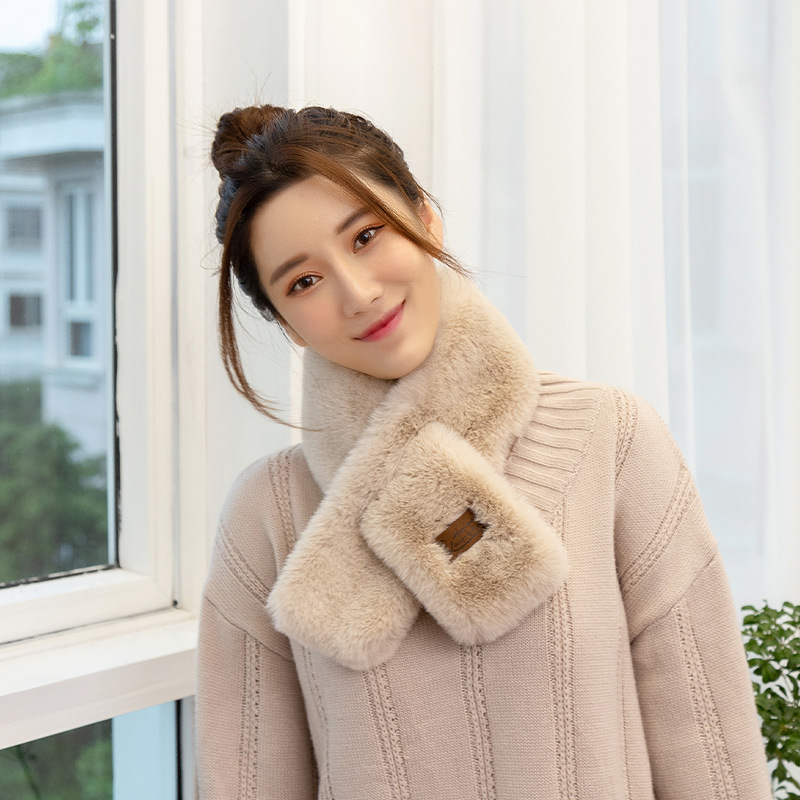 New Korean Style Fur Collar Labeling Cross Imitate Rex Rabbit Fur Plush Scarf Women's Winter Thicken Thermal Imitation Rabbit Fur Scarf