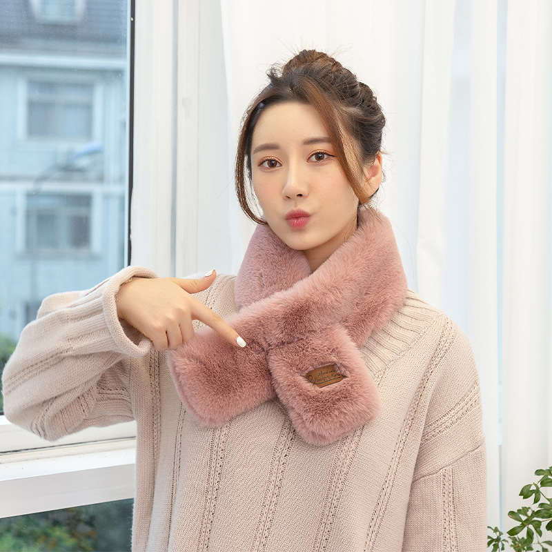 New Korean Style Fur Collar Labeling Cross Imitate Rex Rabbit Fur Plush Scarf Women's Winter Thicken Thermal Imitation Rabbit Fur Scarf