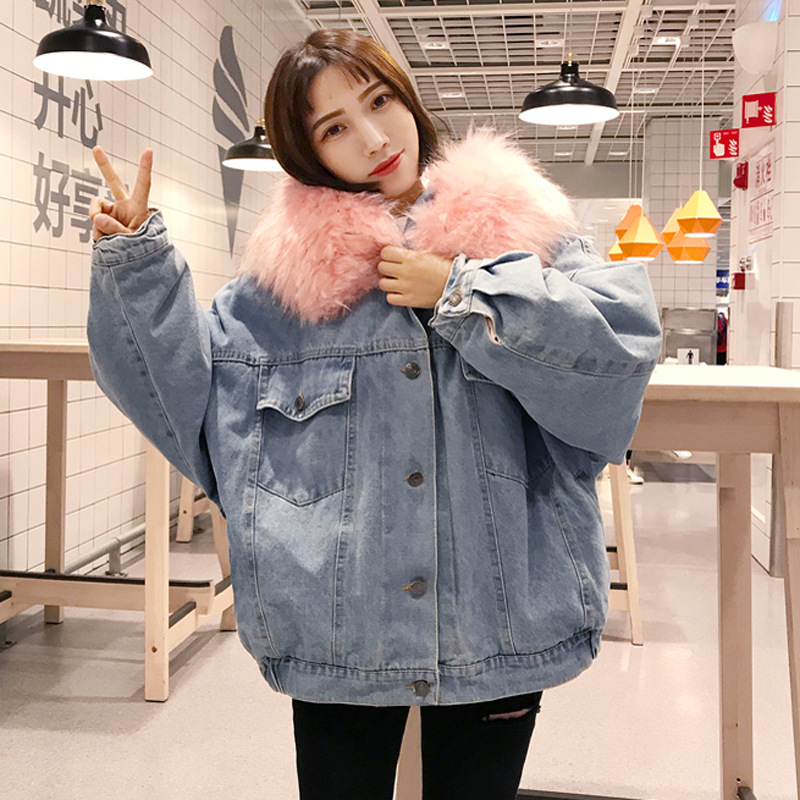 Short Hooded CottonPadded Jacket Padded Velvet Jeans Coat Women&#039;s Fashion Fur Collar CottonPadded Jacket Longterm Stock