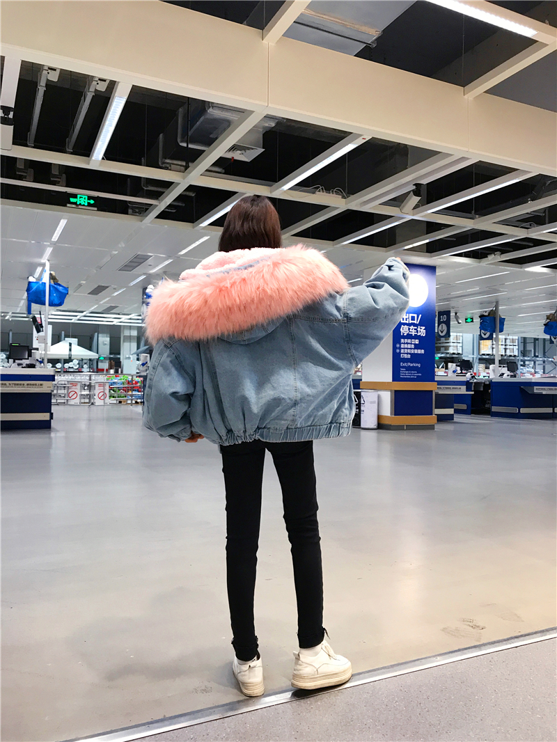 Short Hooded CottonPadded Jacket Padded Velvet Jeans Coat Women's Fashion Fur Collar CottonPadded Jacket Longterm Stock