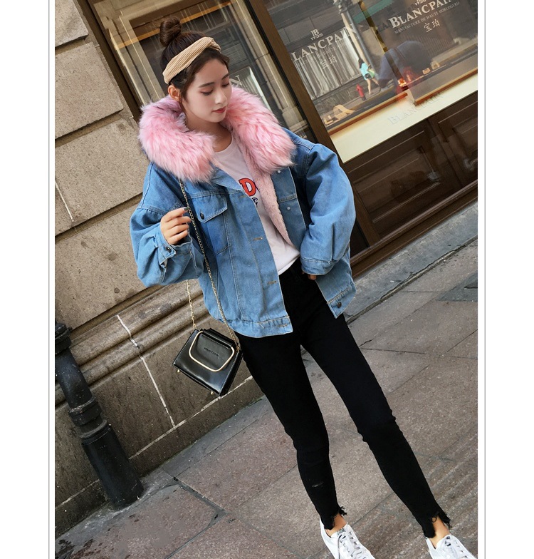 Short Hooded CottonPadded Jacket Padded Velvet Jeans Coat Women's Fashion Fur Collar CottonPadded Jacket Longterm Stock