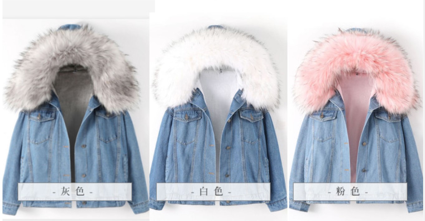 Short Hooded CottonPadded Jacket Padded Velvet Jeans Coat Women's Fashion Fur Collar CottonPadded Jacket Longterm Stock