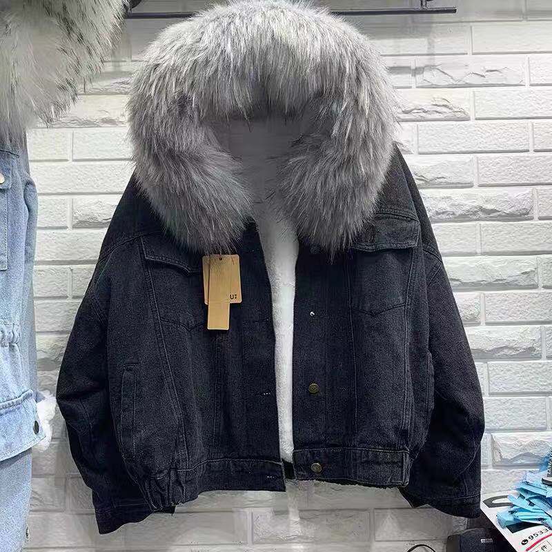 Short Hooded CottonPadded Jacket Padded Velvet Jeans Coat Women's Fashion Fur Collar CottonPadded Jacket Longterm Stock