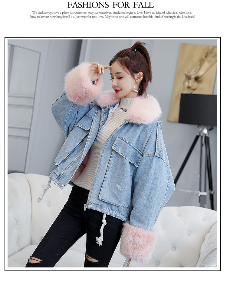 2020 loose denim splicing oversize fur collar with fleece padded jacket pocket short style cotton padded jacket female 2020 loose denim splicing oversize fur collar with fleece padded jacket pocket short style cotton padded jacket female