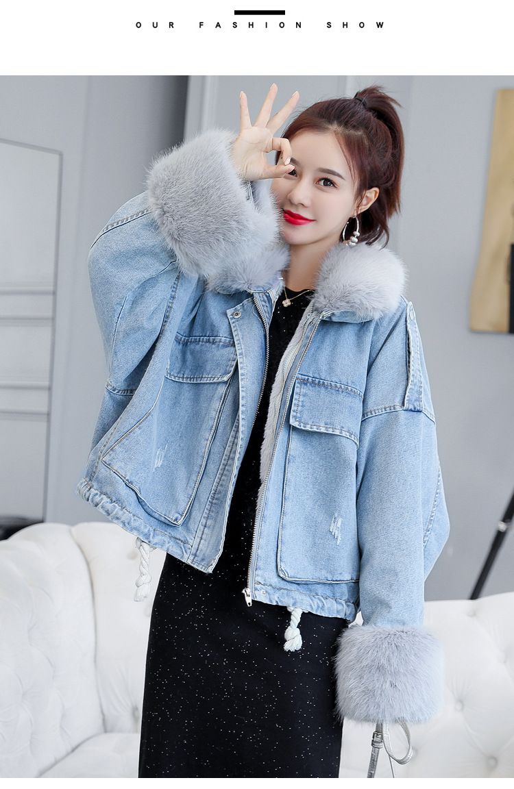 2020 loose denim splicing oversize fur collar with fleece padded jacket pocket short style cotton padded jacket female 2020 loose denim splicing oversize fur collar with fleece padded jacket pocket short style cotton padded jacket female