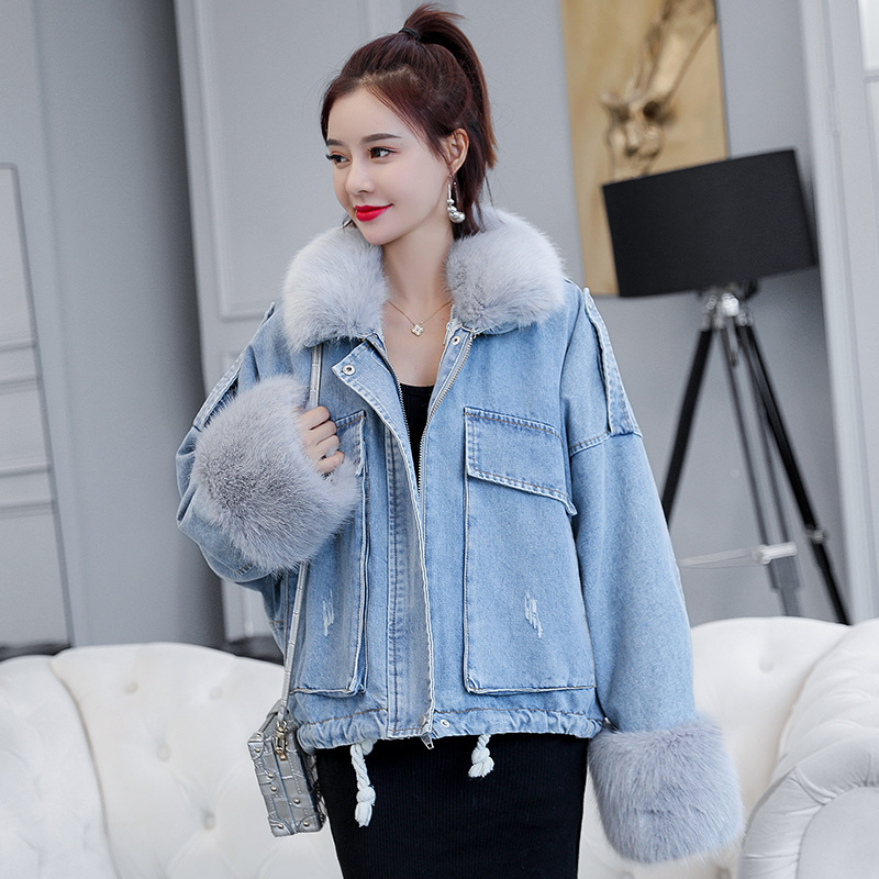 of loose and thickened plush liner with large fur collar cowboy extension over women &#039;s cotton padded coat short coat