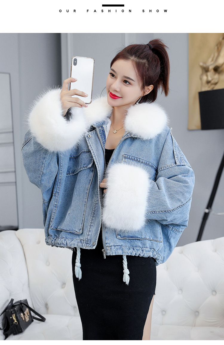 of loose and thickened plush liner with large fur collar cowboy extension over women 's cotton padded coat short coat