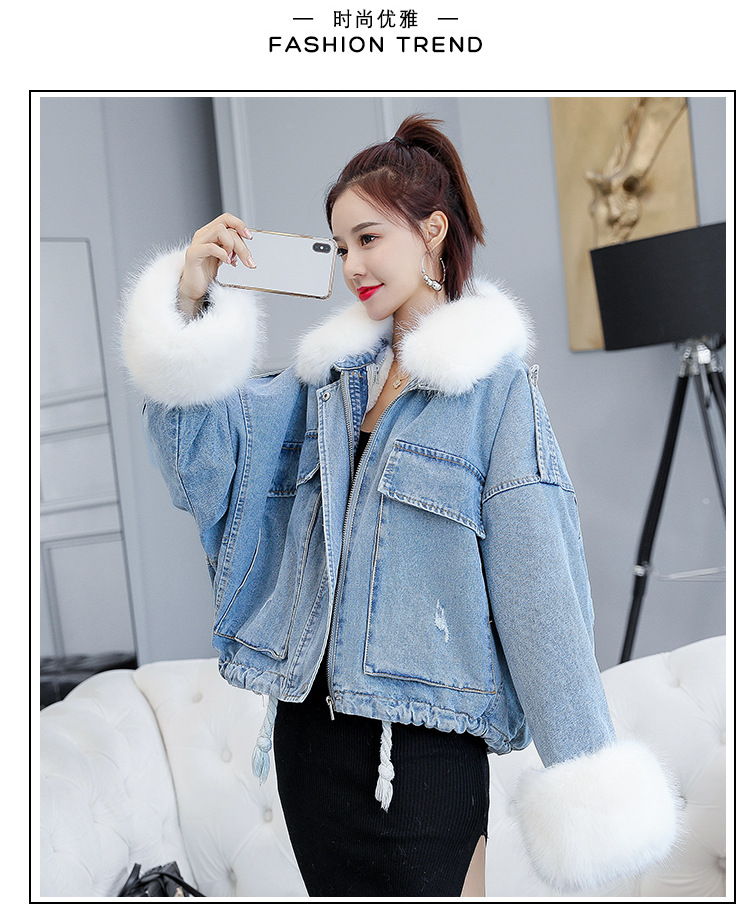 of loose and thickened plush liner with large fur collar cowboy extension over women 's cotton padded coat short coat