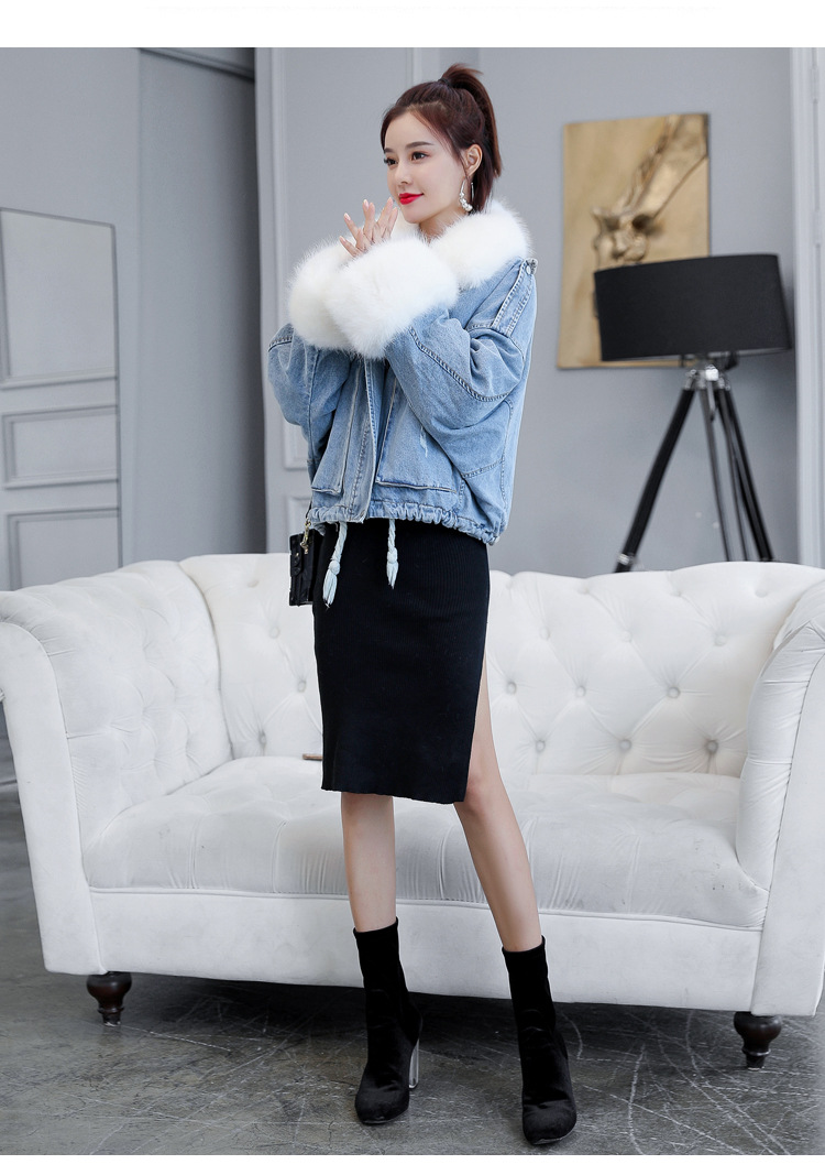 of loose and thickened plush liner with large fur collar cowboy extension over women 's cotton padded coat short coat