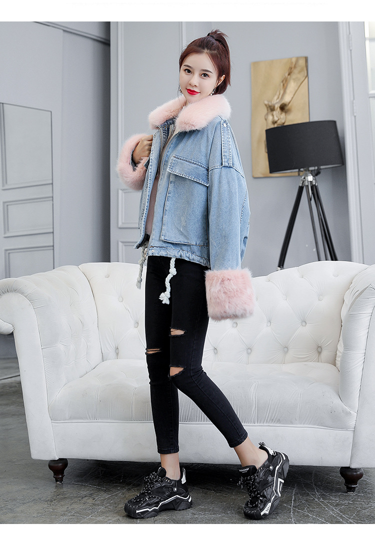 of loose and thickened plush liner with large fur collar cowboy extension over women 's cotton padded coat short coat