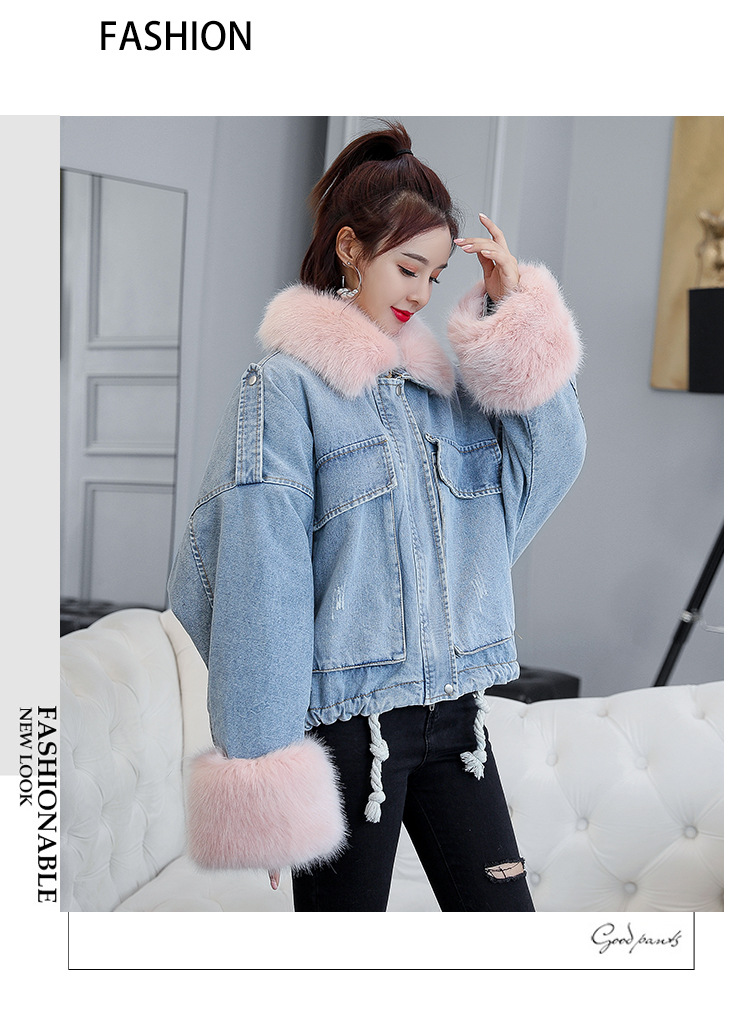 of loose and thickened plush liner with large fur collar cowboy extension over women 's cotton padded coat short coat