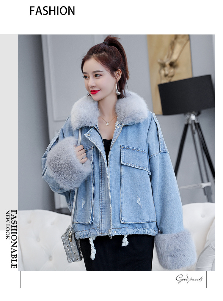 of loose and thickened plush liner with large fur collar cowboy extension over women 's cotton padded coat short coat