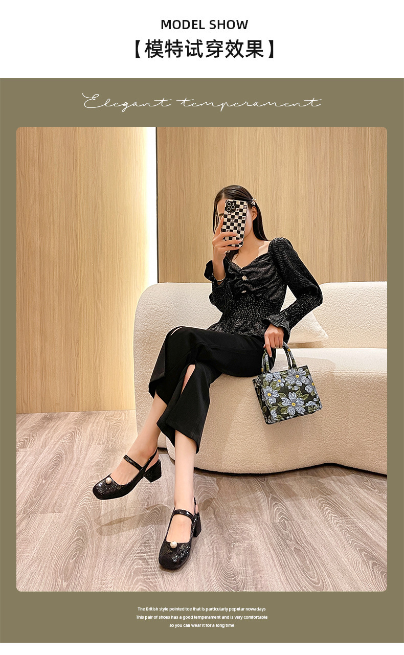 Mary Jane Women's Shoes 2022 Early Spring New Closed Toe Korean Sequined Pearl Hand Sewing Sequin Chunky Heel High Heel Hollow Back Shoes Mary Jane Women's Shoes 2022 Early Spring New Closed Toe Korean Sequined Pearl Hand Sewing Sequin Chunky Heel High Heel Hollow Back Shoes