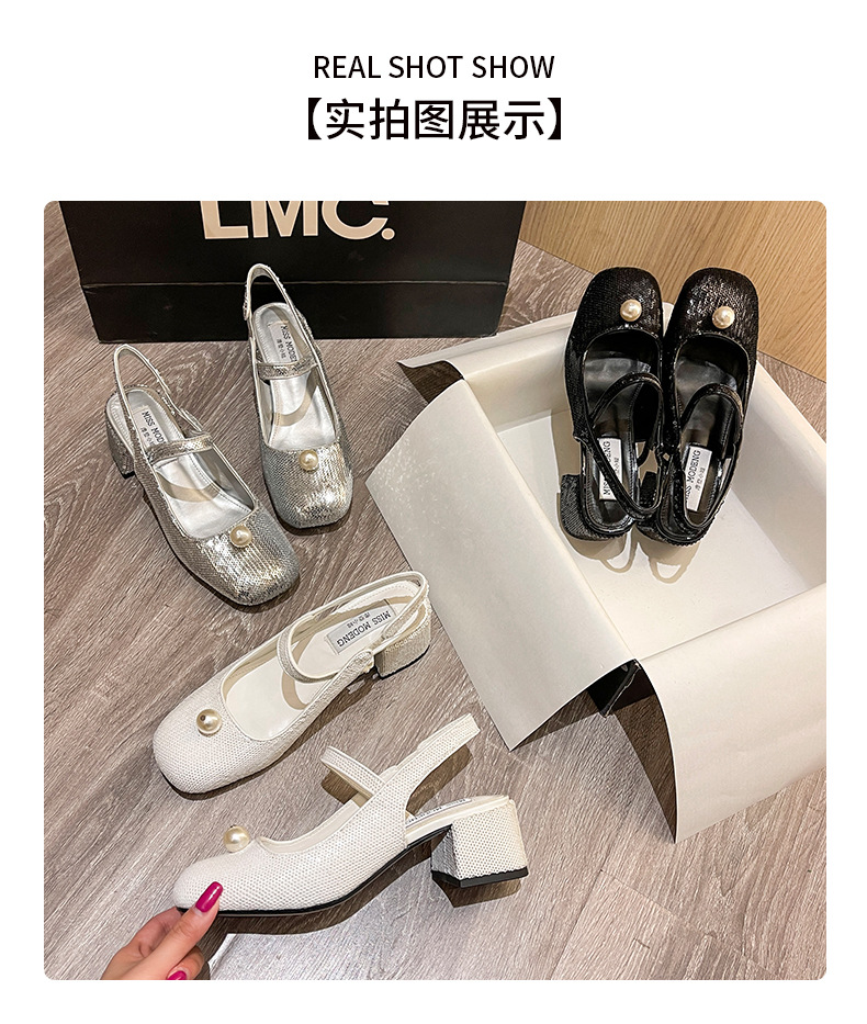Mary Jane Women's Shoes 2022 Early Spring New Closed Toe Korean Sequined Pearl Hand Sewing Sequin Chunky Heel High Heel Hollow Back Shoes Mary Jane Women's Shoes 2022 Early Spring New Closed Toe Korean Sequined Pearl Hand Sewing Sequin Chunky Heel High Heel Hollow Back Shoes
