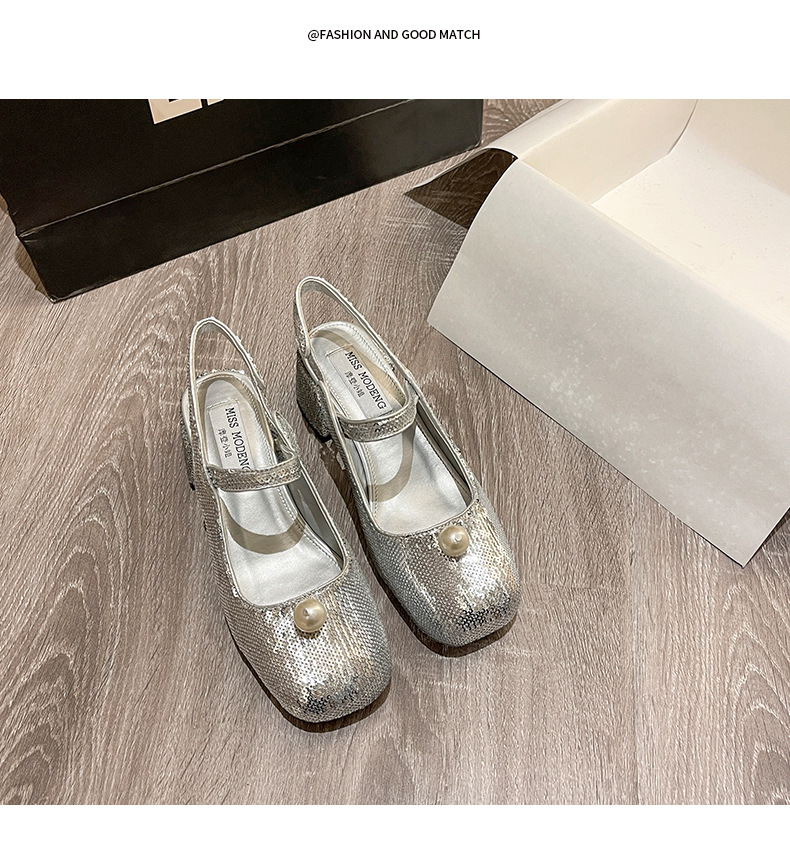 Mary Jane Women's Shoes 2022 Early Spring New Closed Toe Korean Sequined Pearl Hand Sewing Sequin Chunky Heel High Heel Hollow Back Shoes Mary Jane Women's Shoes 2022 Early Spring New Closed Toe Korean Sequined Pearl Hand Sewing Sequin Chunky Heel High Heel Hollow Back Shoes