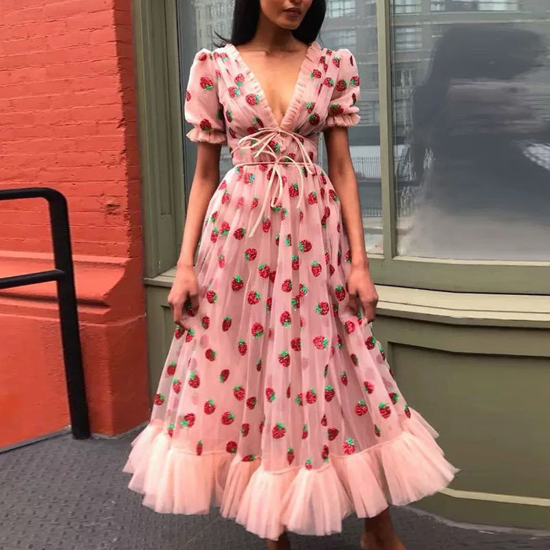 SM8265 cross-border hot style dress French strawberry two-color sequin dress Mesh lace RUFFled led dress Summer