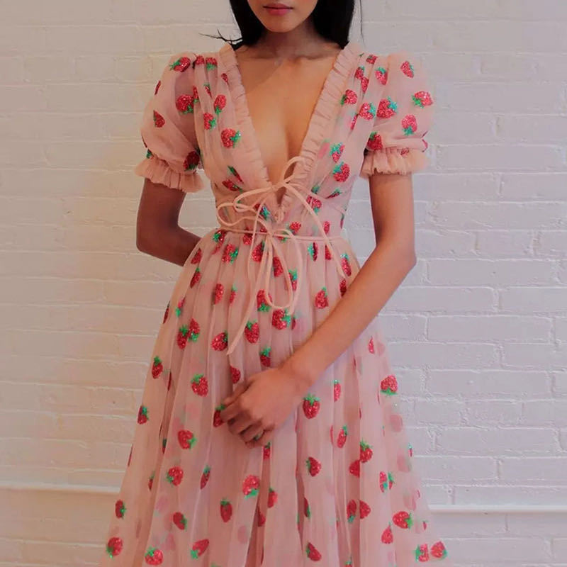 SM8265 cross-border hot style dress French strawberry two-color sequin dress Mesh lace RUFFled led dress Summer SM8265 cross-border hot style dress French strawberry two-color sequin dress Mesh lace RUFFled led dress Summer