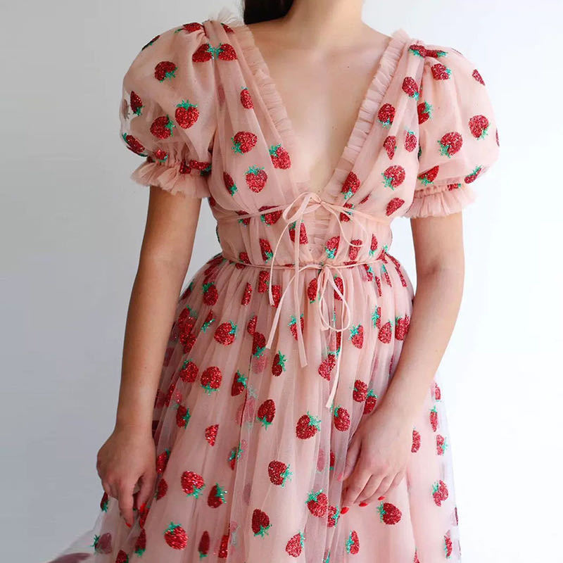 SM8265 cross-border hot style dress French strawberry two-color sequin dress Mesh lace RUFFled led dress Summer SM8265 cross-border hot style dress French strawberry two-color sequin dress Mesh lace RUFFled led dress Summer