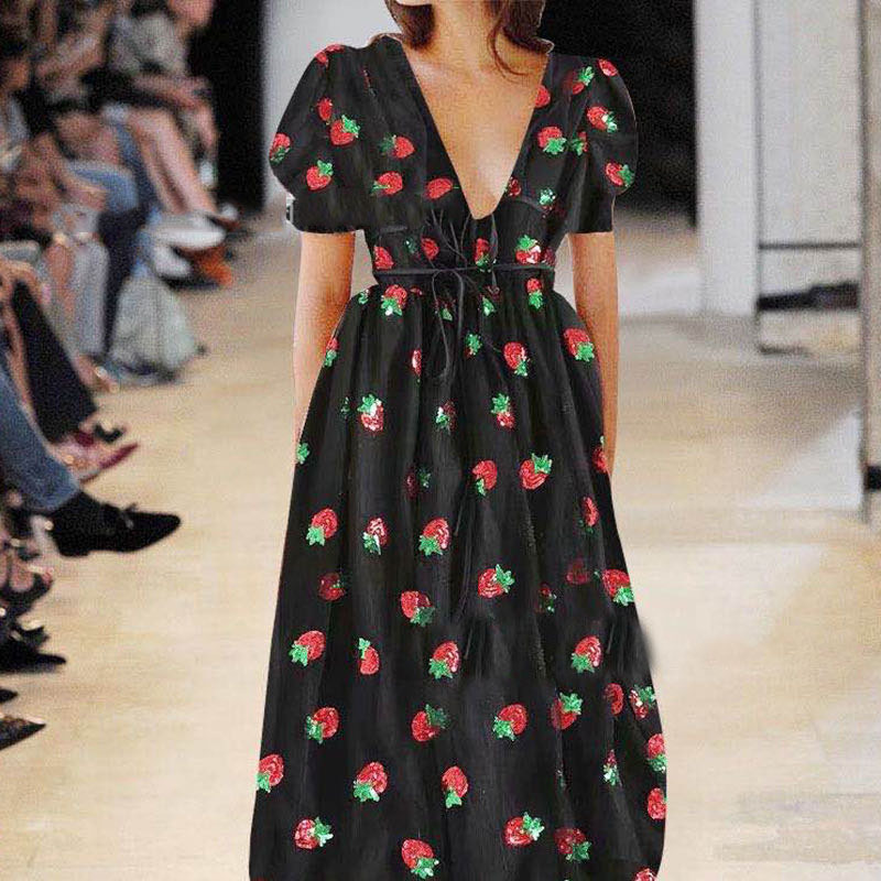 SM8265 cross-border hot style dress French strawberry two-color sequin dress Mesh lace RUFFled led dress Summer SM8265 cross-border hot style dress French strawberry two-color sequin dress Mesh lace RUFFled led dress Summer
