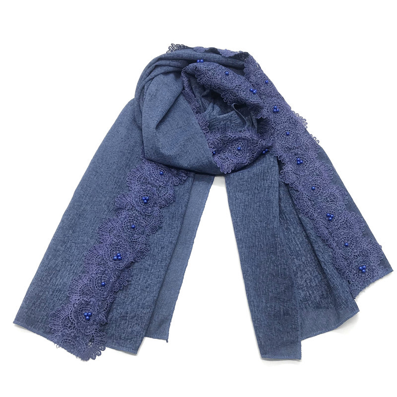 Cross-Border New Pure Color Simple Pearl Two-Head Lace Edge Women&#039;s Scarf Girls&#039; Headcloth Shawl Scarf