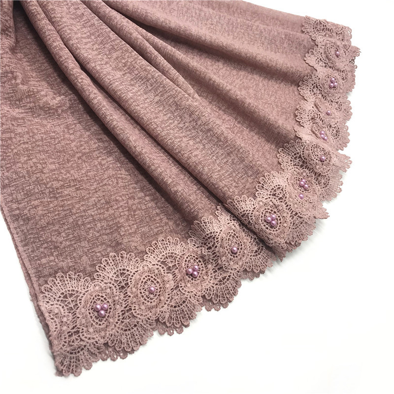 Cross-Border New Pure Color Simple Pearl Two-Head Lace Edge Women&#039;s Scarf Girls&#039; Headcloth Shawl Scarf
