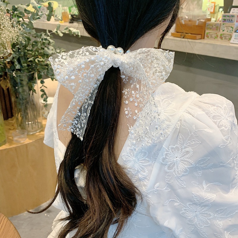 Pearl Bowknot Hair Ring Net Red Banderole Lace Ins Ornament Hair Rope Mori Style Simple Ribbon Large Intestine Ring Hair Accessories