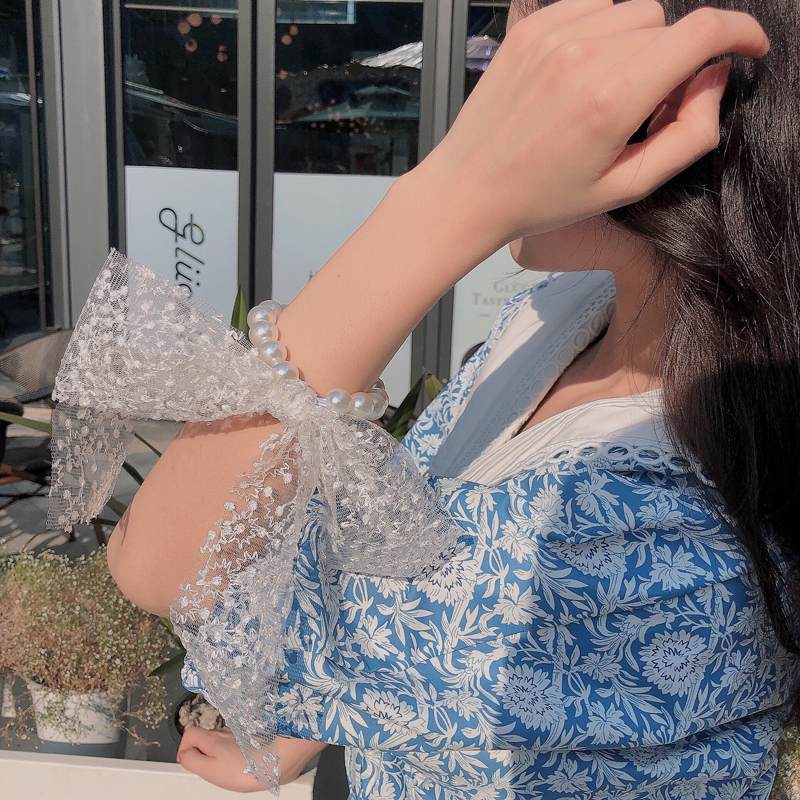 Pearl Bowknot Hair Ring Net Red Banderole Lace Ins Ornament Hair Rope Mori Style Simple Ribbon Large Intestine Ring Hair Accessories