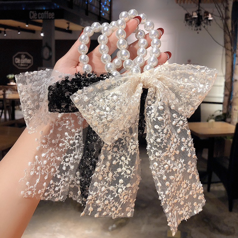Pearl Bowknot Hair Ring Net Red Banderole Lace Ins Ornament Hair Rope Mori Style Simple Ribbon Large Intestine Ring Hair Accessories