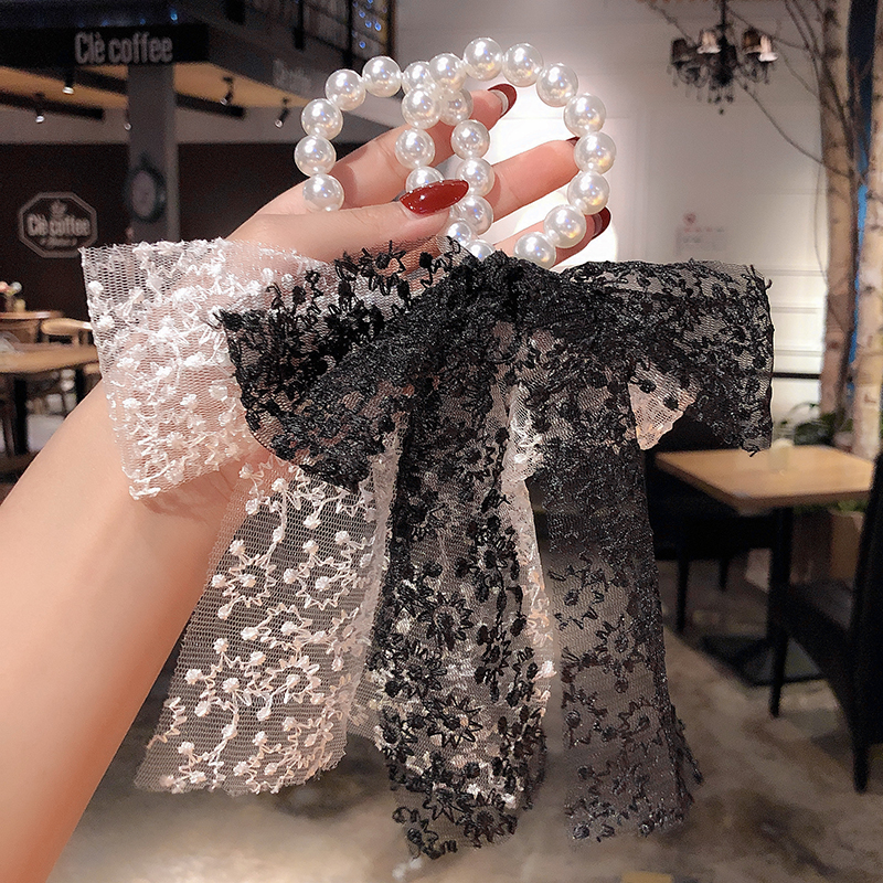 Pearl Bowknot Hair Ring Net Red Banderole Lace Ins Ornament Hair Rope Mori Style Simple Ribbon Large Intestine Ring Hair Accessories