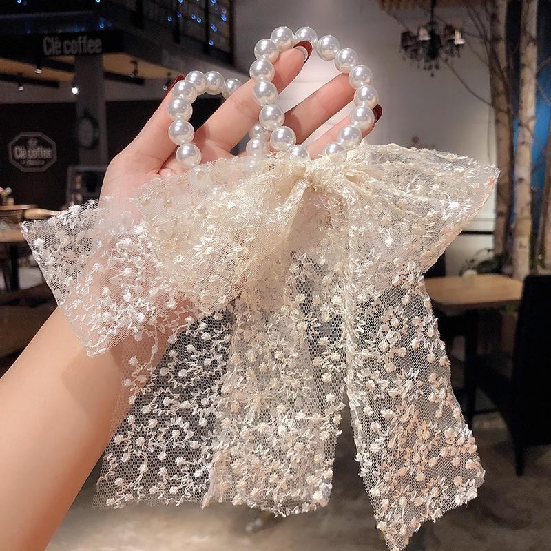 Pearl Bowknot Hair Ring Net Red Banderole Lace Ins Ornament Hair Rope Mori Style Simple Ribbon Large Intestine Ring Hair Accessories